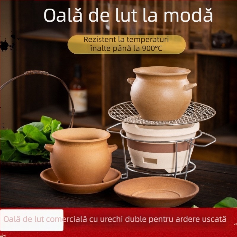 Caserolă ceramică, 1 L, ceramică brută, realizată manual, compatibilă cu plita pe gaz, rezistentă la temperaturi înalte, fără capac