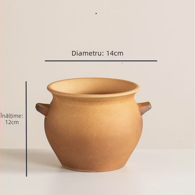 Caserolă ceramică, 1 L, ceramică brută, realizată manual, compatibilă cu plita pe gaz, rezistentă la temperaturi înalte, fără capac