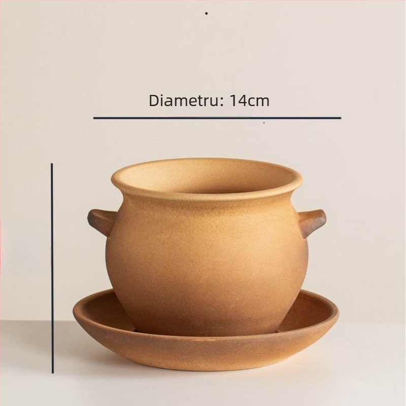 Caserolă ceramică, 1 L, ceramică brută, realizată manual, compatibilă cu plita pe gaz, rezistentă la temperaturi înalte, fără capac