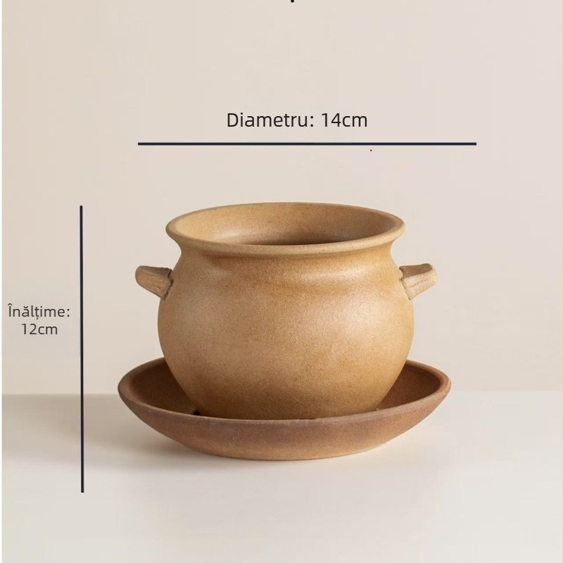 Caserolă ceramică, 1 L, ceramică brută, realizată manual, compatibilă cu plita pe gaz, rezistentă la temperaturi înalte, fără capac