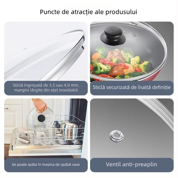 Capac din sticlă temperată tip G, transparent și îngroșat, pentru vase de gătit casnice: abur, oală de supă, oală electrică și cazolă