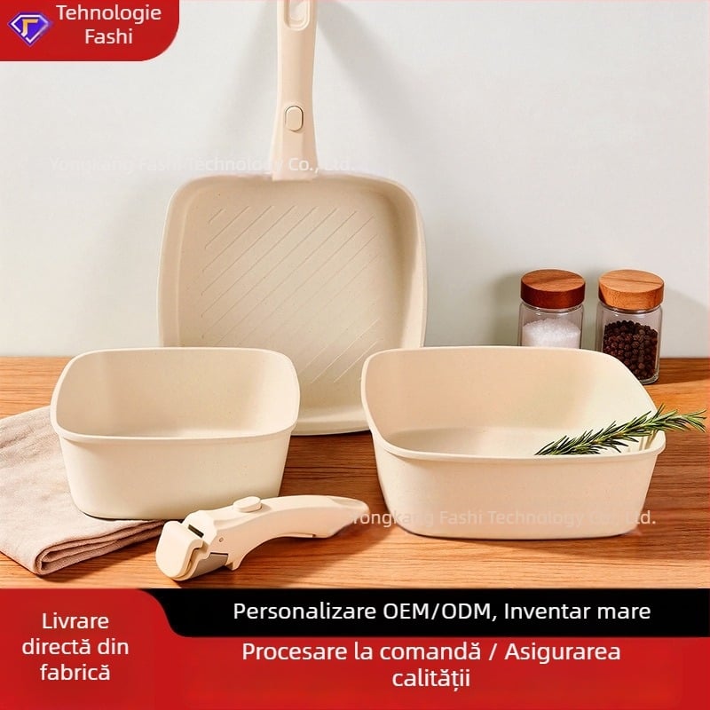 Set de vase cu mâner detașabil: oală pătrată antiaderentă, tigaie pentru prăjit, oală de supă, oală de lapte și oală de gătit