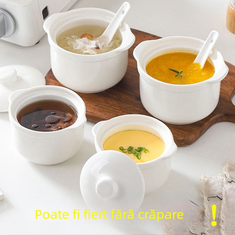 Oală ceramică cu două mânere pentru gătit în bain-marie Bird's Nest, utilizare casnică, boluri pentru ouă la abur și supă cu mânere
