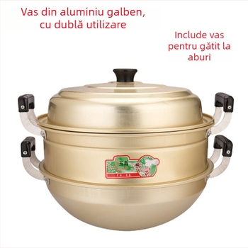 Wok din aluminiu cu mânere duble, oală cu fund rotund pentru aburi, oală de supă din aluminiu – utilizare dublă pentru aburire și gătit