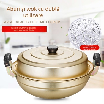 Wok din aluminiu cu mânere duble, oală cu fund rotund pentru aburi, oală de supă din aluminiu – utilizare dublă pentru aburire și gătit