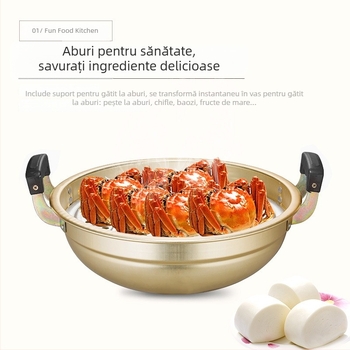 Wok din aluminiu cu mânere duble, oală cu fund rotund pentru aburi, oală de supă din aluminiu – utilizare dublă pentru aburire și gătit