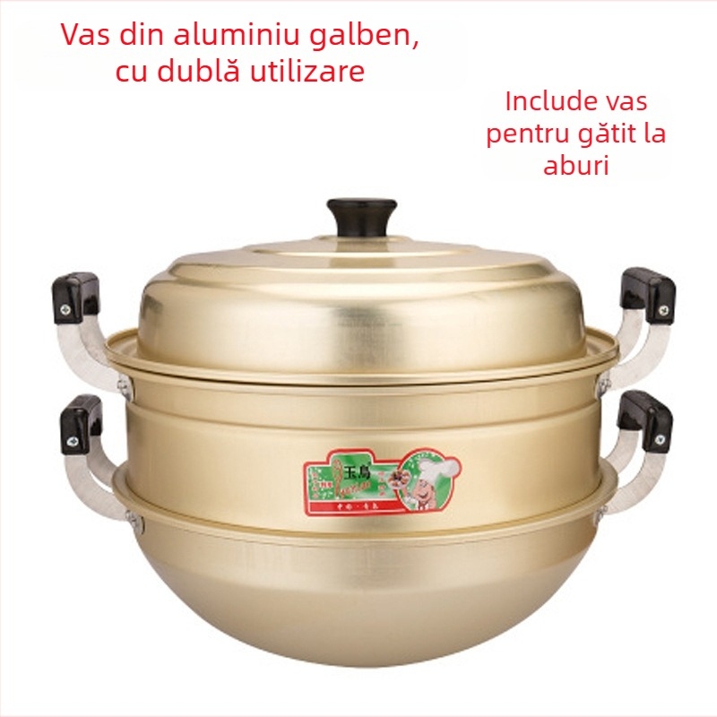 Wok din aluminiu cu mânere duble, oală cu fund rotund pentru aburi, oală de supă din aluminiu – utilizare dublă pentru aburire și gătit
