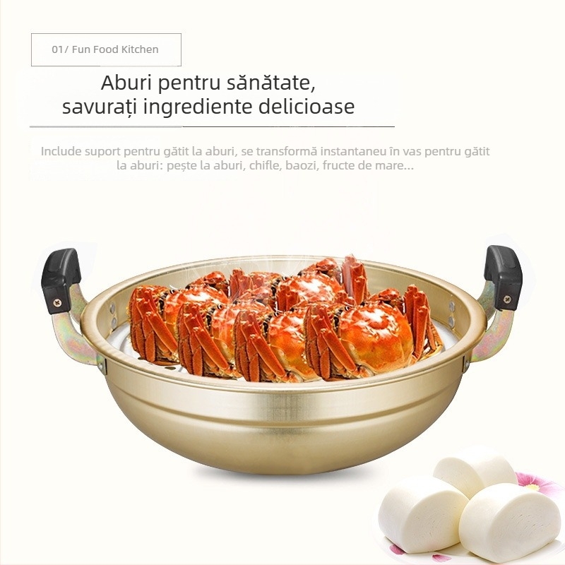 Wok din aluminiu cu mânere duble, oală cu fund rotund pentru aburi, oală de supă din aluminiu – utilizare dublă pentru aburire și gătit
