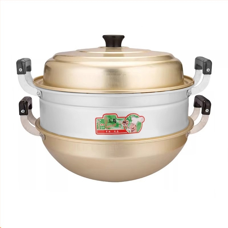 Wok din aluminiu cu mânere duble, oală cu fund rotund pentru aburi, oală de supă din aluminiu – utilizare dublă pentru aburire și gătit