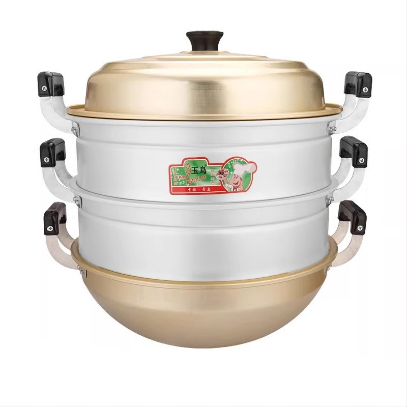 Wok din aluminiu cu mânere duble, oală cu fund rotund pentru aburi, oală de supă din aluminiu – utilizare dublă pentru aburire și gătit
