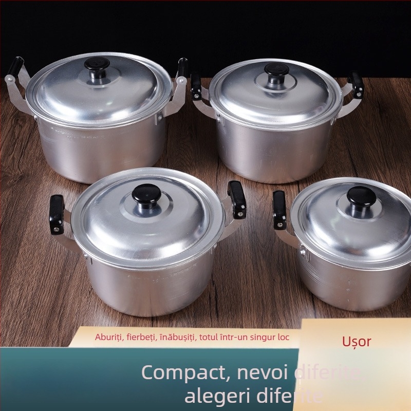 Oală retro din aluminiu, cu două mânere, mic vas pentru supă și fierberea apei, pentru gătit în aer liber