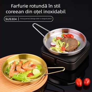 Farfurie rotundă din oțel inoxidabil 304, stil coreean BBQ, finisaj auriu, farfurie de uz casnic pentru fripturi și mâncăruri vestice, farfurie ușor adâncă