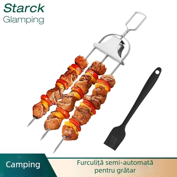 Furculiță de grătar din oțel inoxidabil îngroșat cu trei dinți pentru frigăruile de miel, instrument de camping