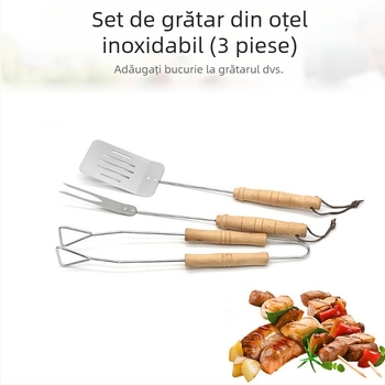 Set de grătar exterior, trei piese, mâner din lemn, din oțel inoxidabil: clește, furculiță și spatulă