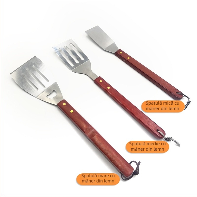 Set de 3 piese pentru grătar din oțel inoxidabil cu mânere din lemn