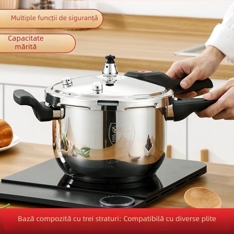 Caserolă sub presiune din oțel inoxidabil 304, anti-explozie, compactă, pereți îngroșați, pentru gaz, potrivită pentru uz casnic și comercial, compatibilă cu plite cu inducție