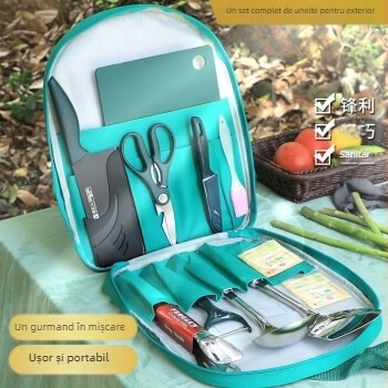 Set de cuțite pentru bucătărie în aer liber din oțel inoxidabil, cu tocător, spatulă și lingură — unelte portabile pentru camping și grătar