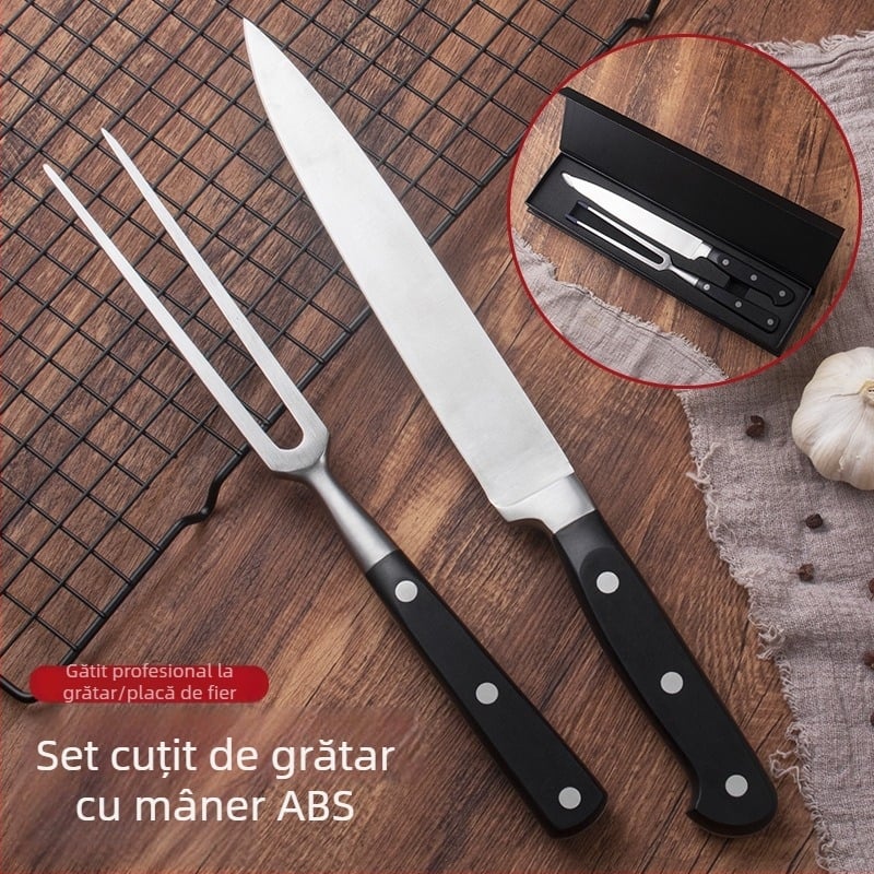 Set cuțit și furculiță din oțel inoxidabil, cu mânere ABS, pentru grătar/teppanyaki, lame ascuțite, cutie cadou
