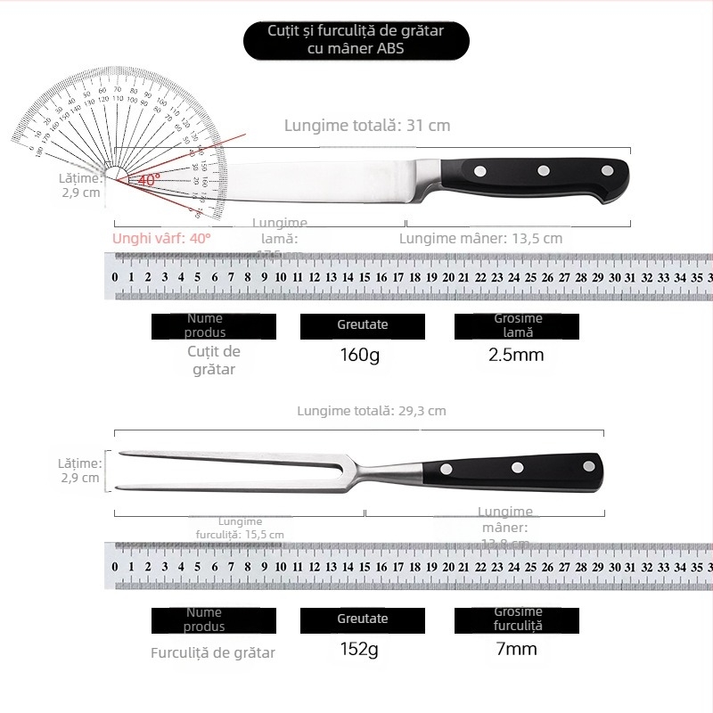 Set cuțit și furculiță din oțel inoxidabil, cu mânere ABS, pentru grătar/teppanyaki, lame ascuțite, cutie cadou