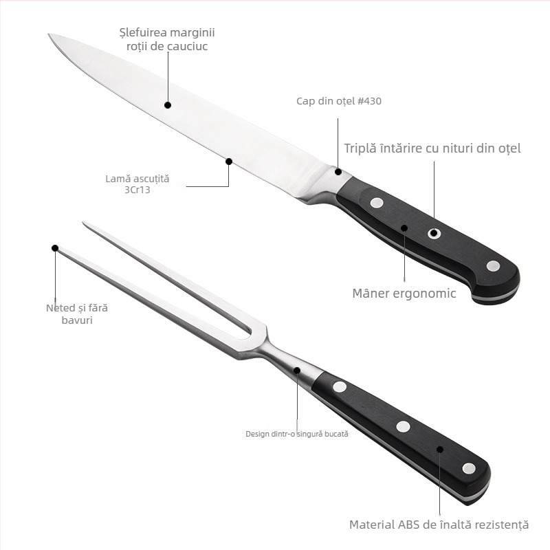 Set cuțit și furculiță din oțel inoxidabil, cu mânere ABS, pentru grătar/teppanyaki, lame ascuțite, cutie cadou