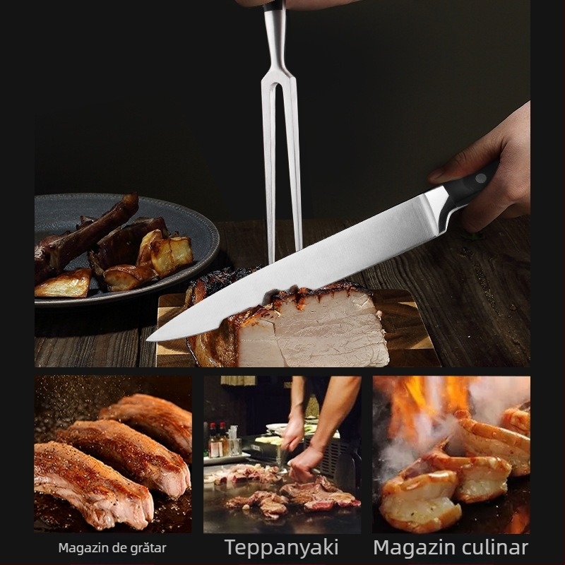 Set cuțit și furculiță din oțel inoxidabil, cu mânere ABS, pentru grătar/teppanyaki, lame ascuțite, cutie cadou