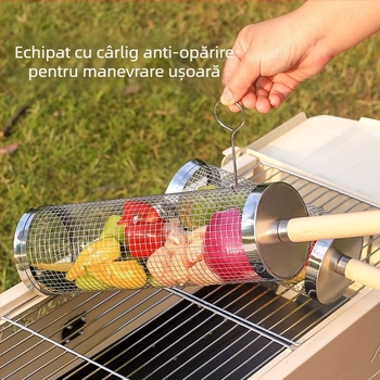 Cuier rotativ pentru grătar cu mâner din lemn, coș grill din oțel inoxidabil, tub grill, plasă grill