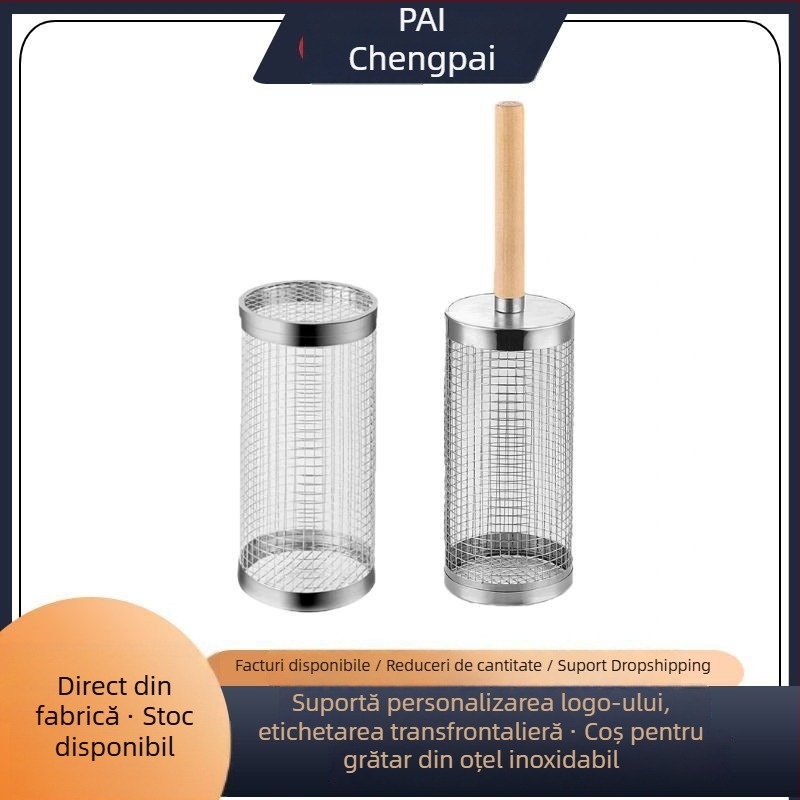Cuier rotativ pentru grătar cu mâner din lemn, coș grill din oțel inoxidabil, tub grill, plasă grill