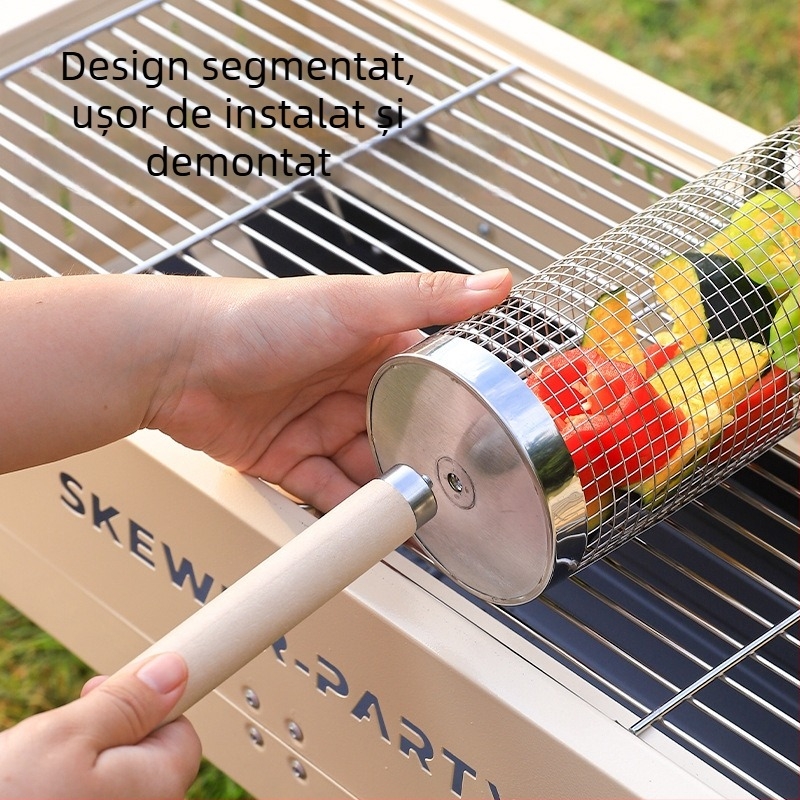 Cuier rotativ pentru grătar cu mâner din lemn, coș grill din oțel inoxidabil, tub grill, plasă grill