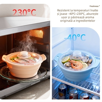 Oală de aburi pliabilă din silicon alimentar, vas pentru supă, cu capac, pentru microunde și friteuză cu aer