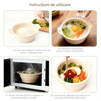 Oală de aburi pliabilă din silicon alimentar, vas pentru supă, cu capac, pentru microunde și friteuză cu aer