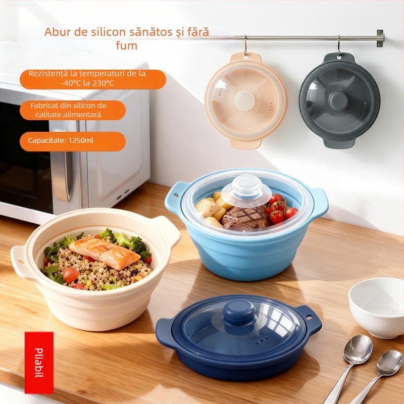 Oală de aburi pliabilă din silicon alimentar, vas pentru supă, cu capac, pentru microunde și friteuză cu aer