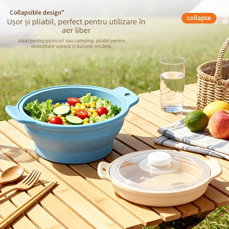 Oală de aburi pliabilă din silicon alimentar, vas pentru supă, cu capac, pentru microunde și friteuză cu aer