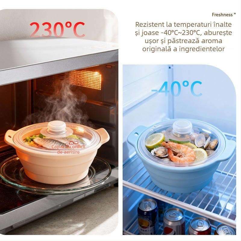 Oală de aburi pliabilă din silicon alimentar, vas pentru supă, cu capac, pentru microunde și friteuză cu aer