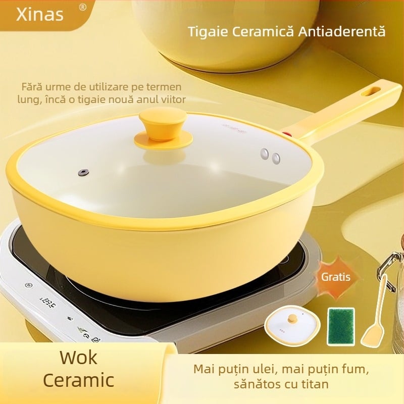 Xinas tigaie de prăjit cu strat ceramic ce conține titan, antiaderent, design elegant, pentru uz casnic, compatibil cu plite pe gaz, cărbune, lemn și inducție
