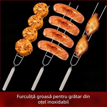 Furculiță de grătar cu două vârfuri, din oțel inoxidabil, mâner din lemn, pentru frigerea aripilor de pui și a frigăturilor de miel