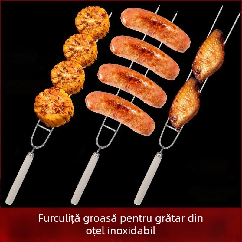 Furculiță de grătar cu două vârfuri, din oțel inoxidabil, mâner din lemn, pentru frigerea aripilor de pui și a frigăturilor de miel
