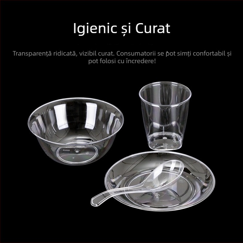 Set plastic veselă pentru petreceri, cu motiv floare trompetă, 10 piese: boluri, farfurii, căni și linguri, pentru porții individuale