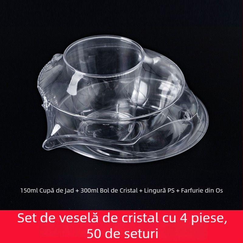 Set plastic veselă pentru petreceri, cu motiv floare trompetă, 10 piese: boluri, farfurii, căni și linguri, pentru porții individuale
