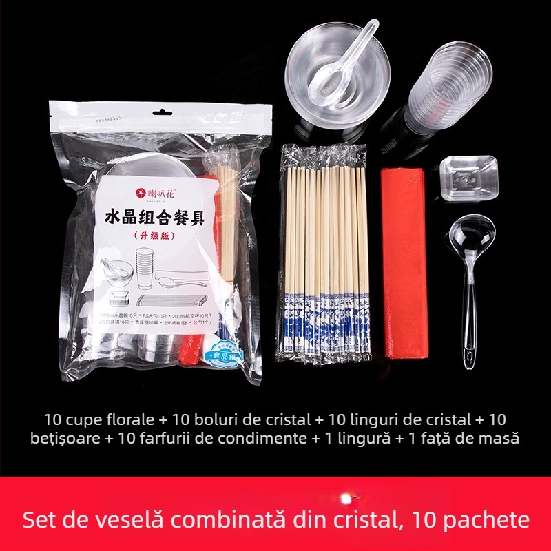 Set plastic veselă pentru petreceri, cu motiv floare trompetă, 10 piese: boluri, farfurii, căni și linguri, pentru porții individuale