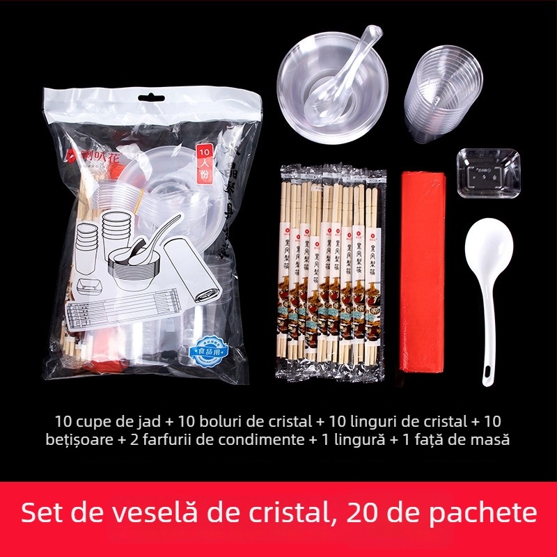 Set plastic veselă pentru petreceri, cu motiv floare trompetă, 10 piese: boluri, farfurii, căni și linguri, pentru porții individuale