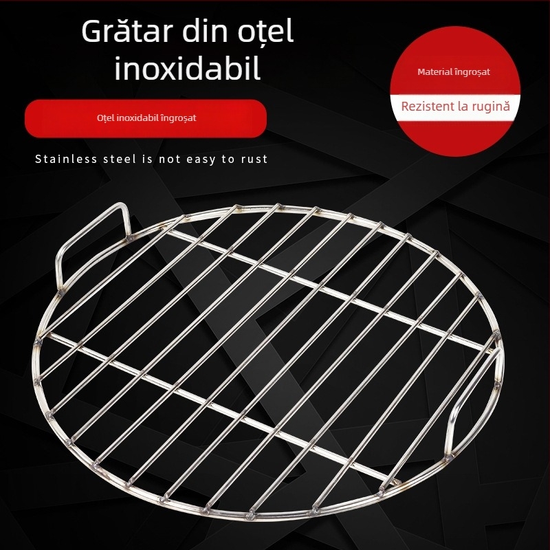 Grill rond din oțel inoxidabil, cu mâner – grătar pentru BBQ și raft de aburi cu plasă inferioară