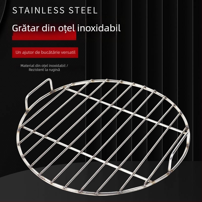 Grill rond din oțel inoxidabil, cu mâner – grătar pentru BBQ și raft de aburi cu plasă inferioară