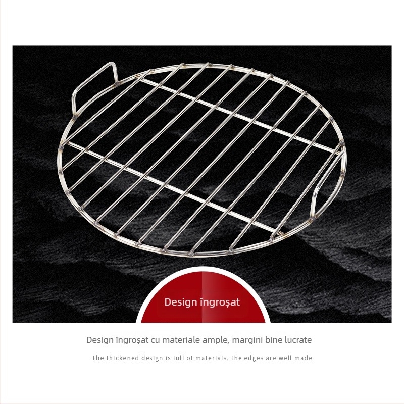 Grill rond din oțel inoxidabil, cu mâner – grătar pentru BBQ și raft de aburi cu plasă inferioară