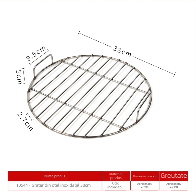 Grill rond din oțel inoxidabil, cu mâner – grătar pentru BBQ și raft de aburi cu plasă inferioară