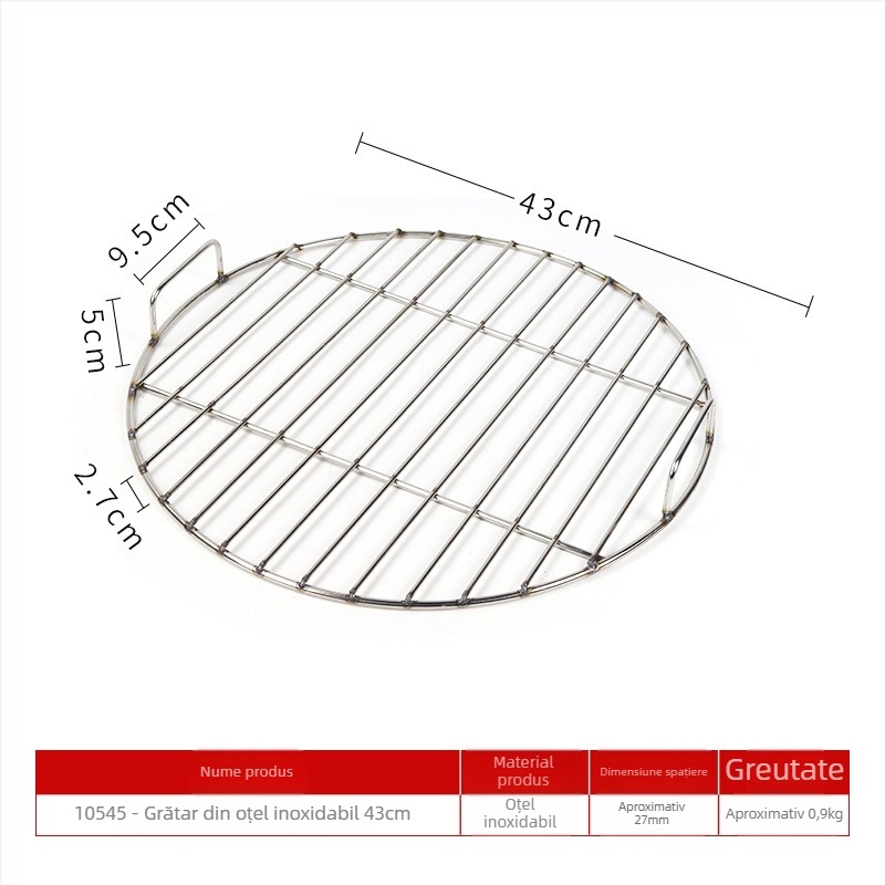 Grill rond din oțel inoxidabil, cu mâner – grătar pentru BBQ și raft de aburi cu plasă inferioară