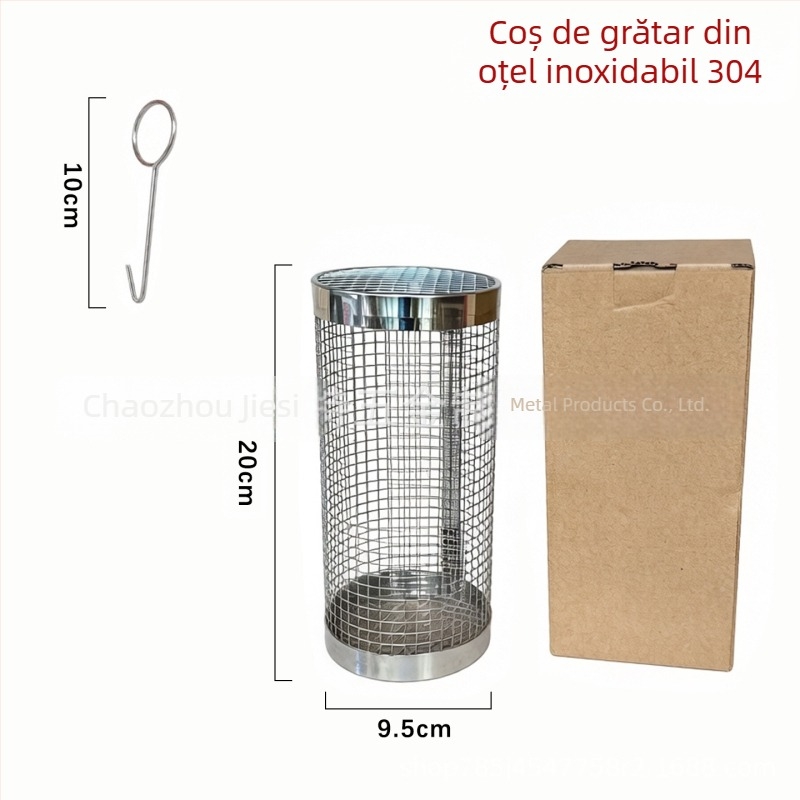 Cilindru rotund pentru grătar din oțel inoxidabil, cu mâner din lemn, coș rotativ pentru exterior și plasă de afumare