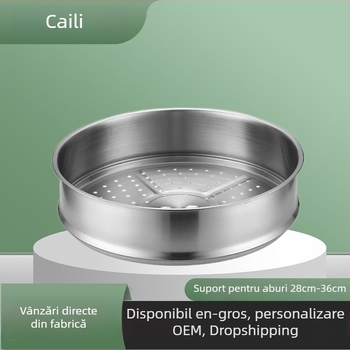 Tigaie aburi rotundă din oțel inox, coș perforat și suport înalt pentru chifle mari la aburi