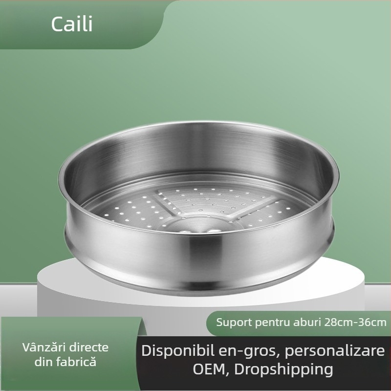 Tigaie aburi rotundă din oțel inox, coș perforat și suport înalt pentru chifle mari la aburi