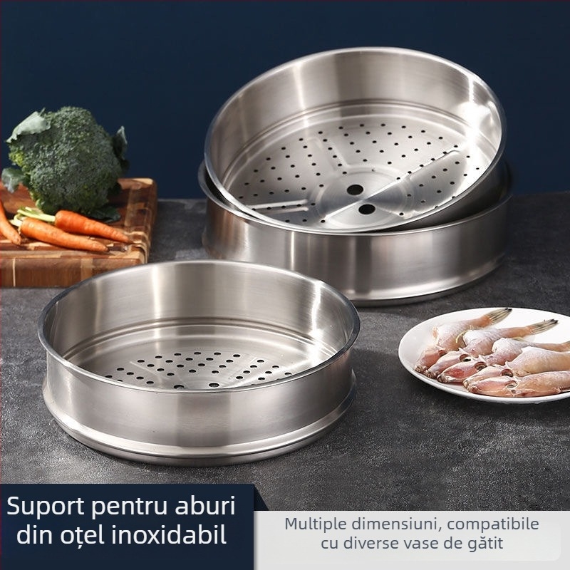 Tigaie aburi rotundă din oțel inox, coș perforat și suport înalt pentru chifle mari la aburi