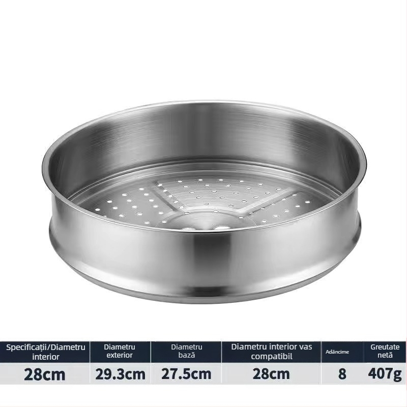 Tigaie aburi rotundă din oțel inox, coș perforat și suport înalt pentru chifle mari la aburi